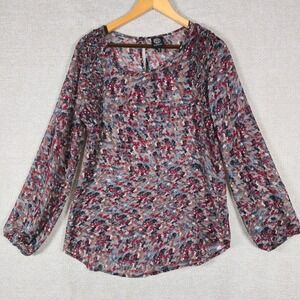 Bobeau Womens Red Blue Abstract Painterly Smocked Shoulder Blouse Size M